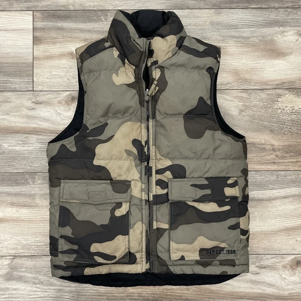 Gap Kids Boys 8 Medium Camo Puffer Vest Reversible Black Outdoor Full Zip